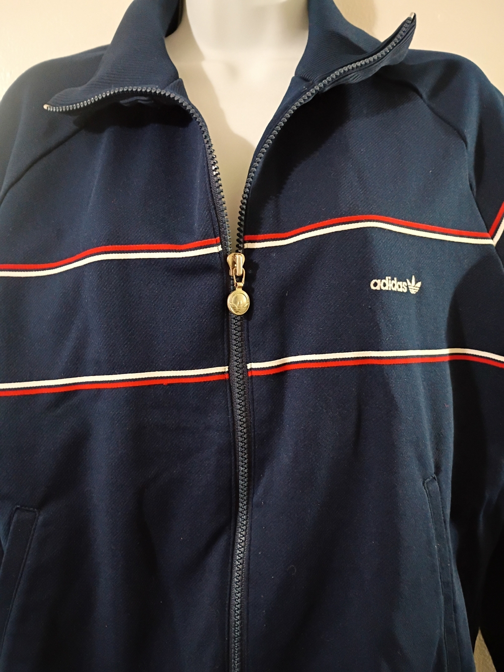 Vintage adidas Men's Navy Track Jacket with Red & White Stripe
